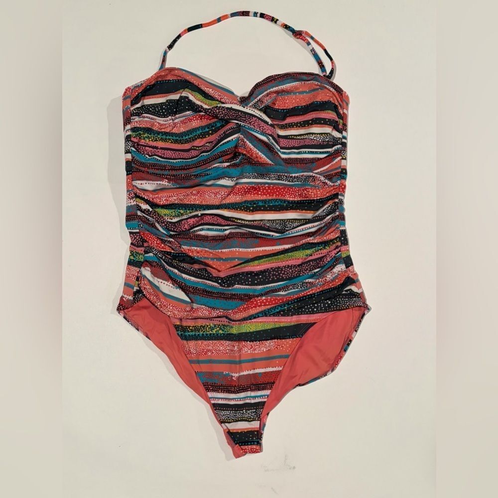 Anne Cole Ruched One-Piece Swimsuit Size 16 Strapless Halter Multicolor
